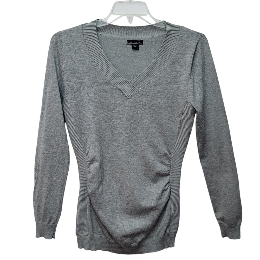 Metaphor Women's V-Neck Grey Ruched Sides Long Sleeve  L Sweater Chic Preppy Y2K